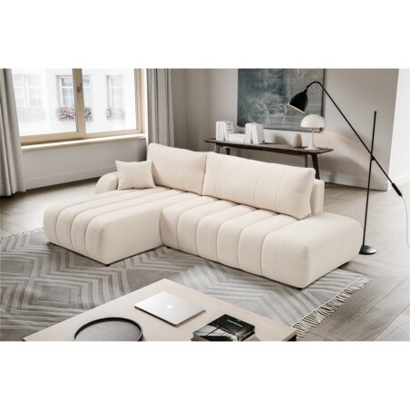 Narożnik z funkcją spania ALOO, lewostronny, tkanina boucle-kremowa