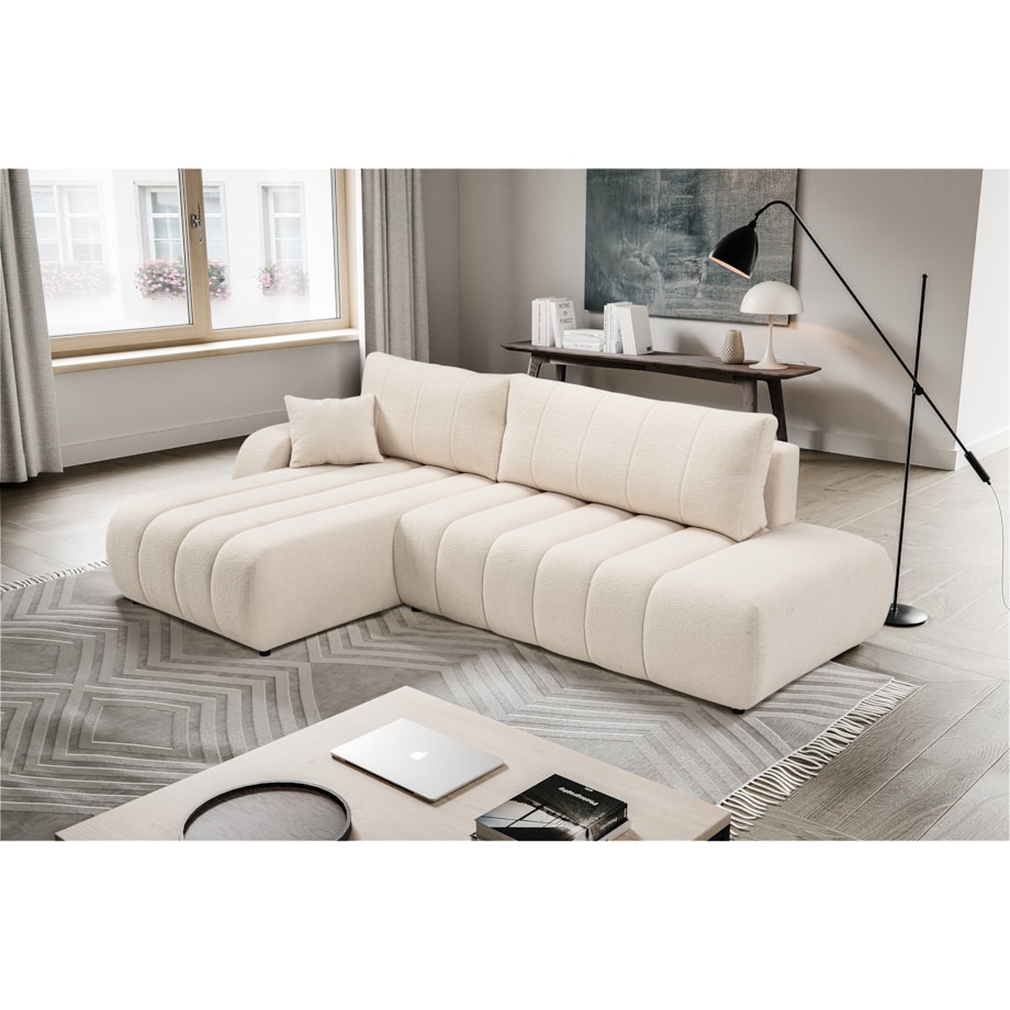 Narożnik z funkcją spania ALOO, lewostronny, tkanina boucle-kremowa