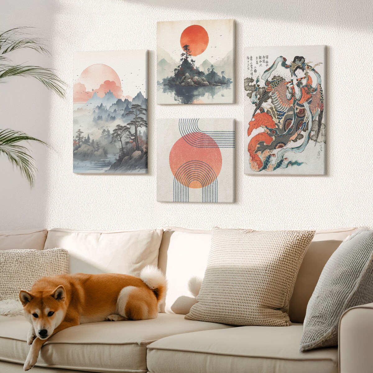 Zestaw 4 obrazów na płótnie - Azjatyckie pejzaże japandi - beżowy