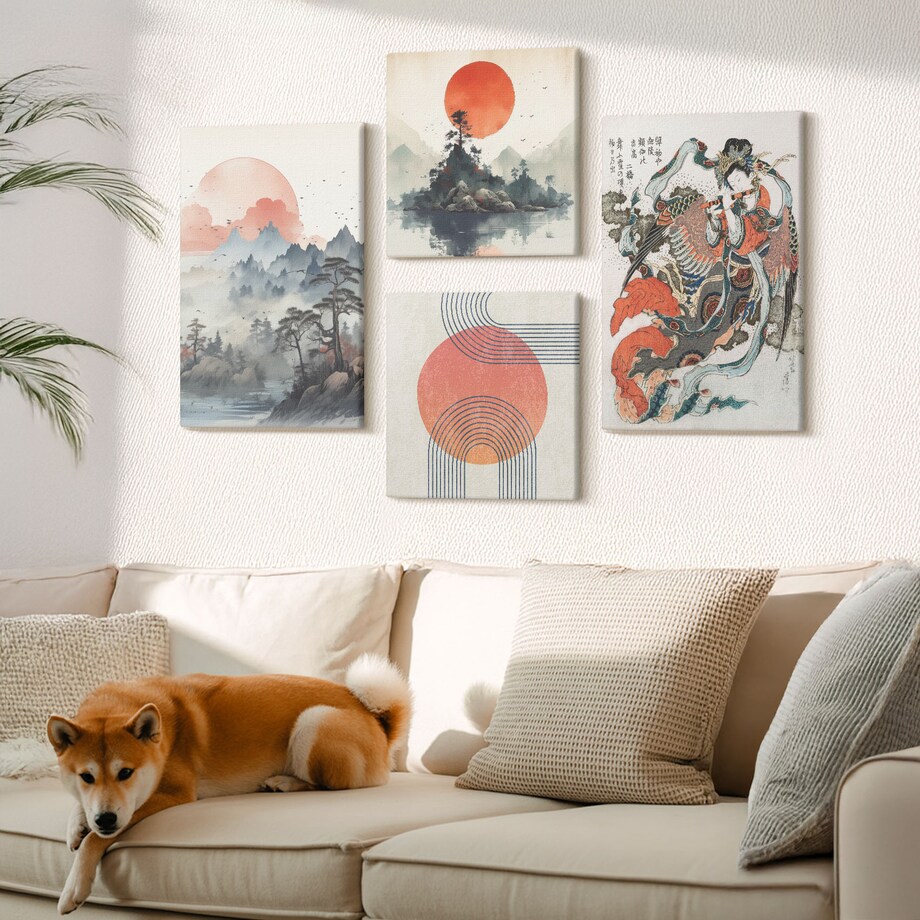 Zestaw 4 obrazów na płótnie - Azjatyckie pejzaże japandi - beżowy