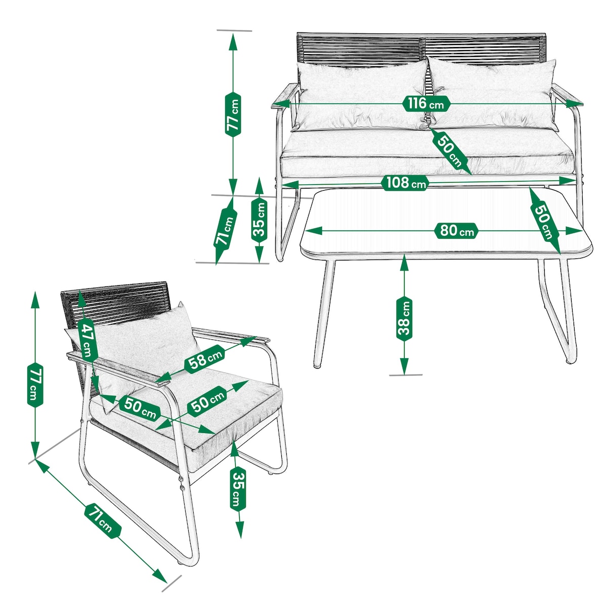 Zestaw Mebli Ogrodowych 2X Fotel Stolik Sofa Komplet Na Taras Balkon Ogród