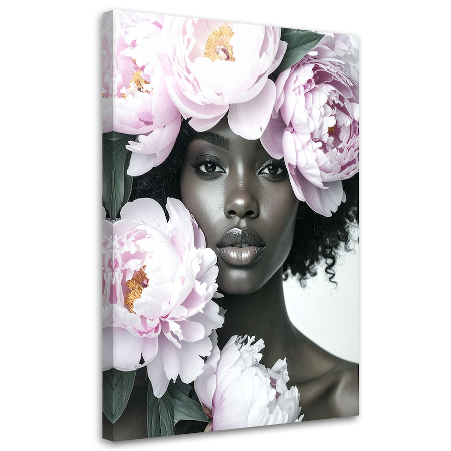 Obraz do salonu sypialni, Kobieta z kwiatami piwonii na głowie 70x100