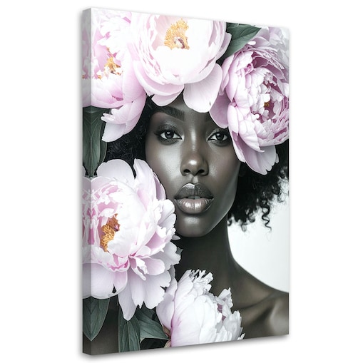 Obraz do salonu sypialni, Kobieta z kwiatami piwonii na głowie 70x100