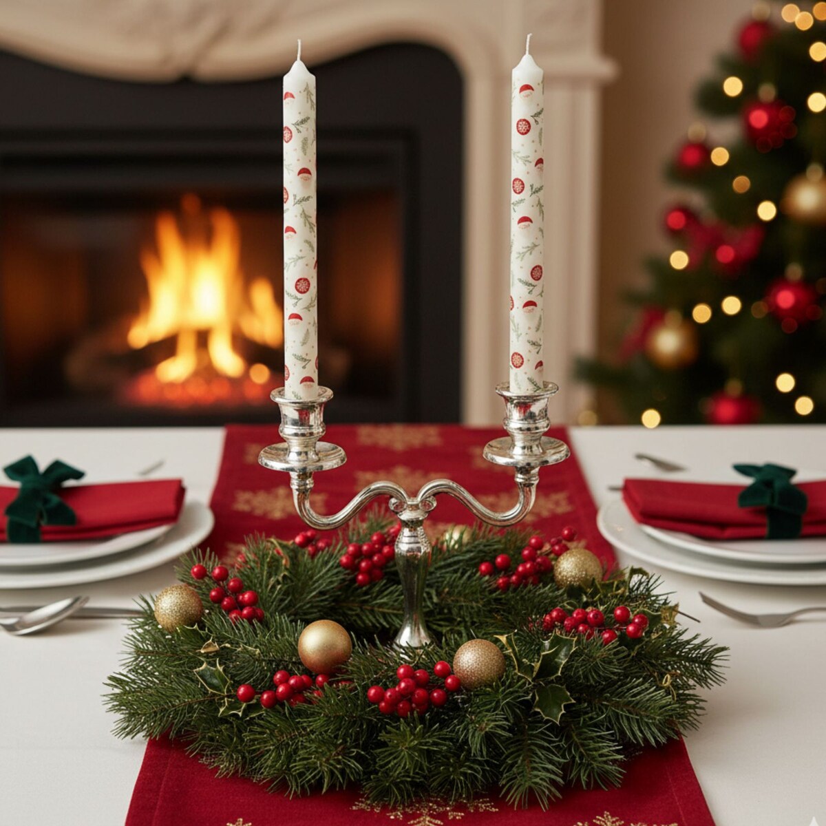 Świece stołowe, świąteczny wzór, 2 sztuki