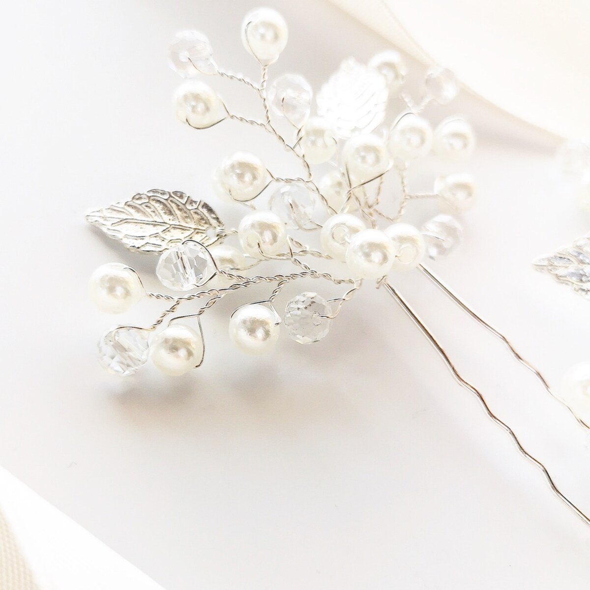 Zestaw kokówek wsuwek do fryzury ślubnej srebro LISTKI
