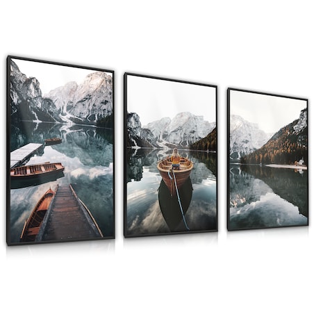 ZESTAW 3x Plakat W Ramie Łodzie GÓRY Las Krajobrazy Efekt 3D 30x40cm