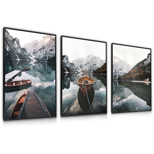 ZESTAW 3x Plakat W Ramie Łodzie GÓRY Las Krajobrazy Efekt 3D 30x40cm