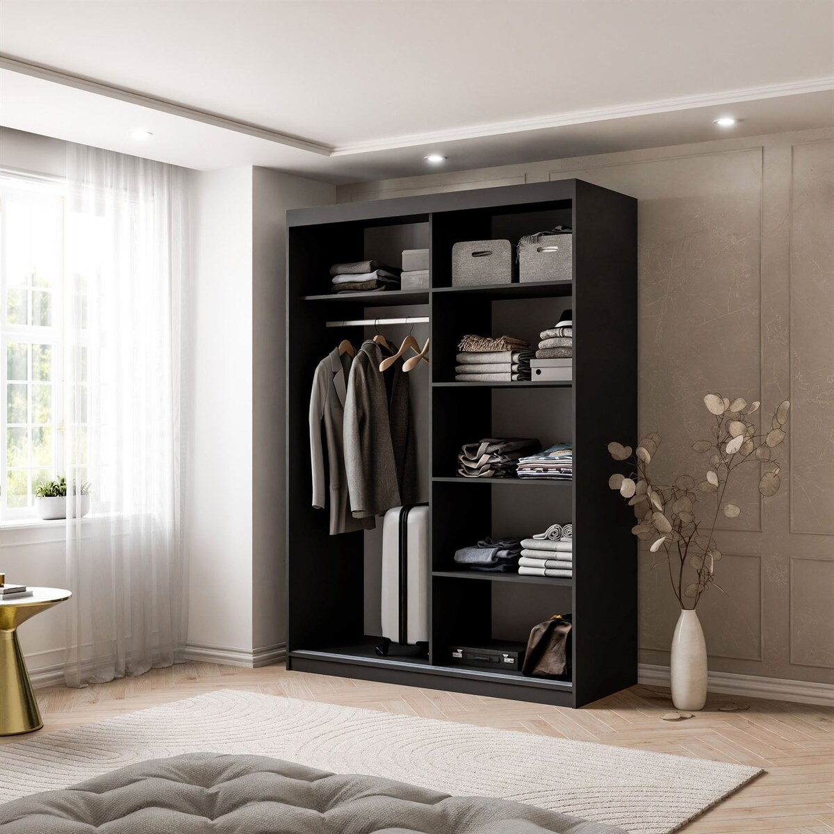 Szafa przesuwna AURIS 150 cm ze złotymi listwami, czarna