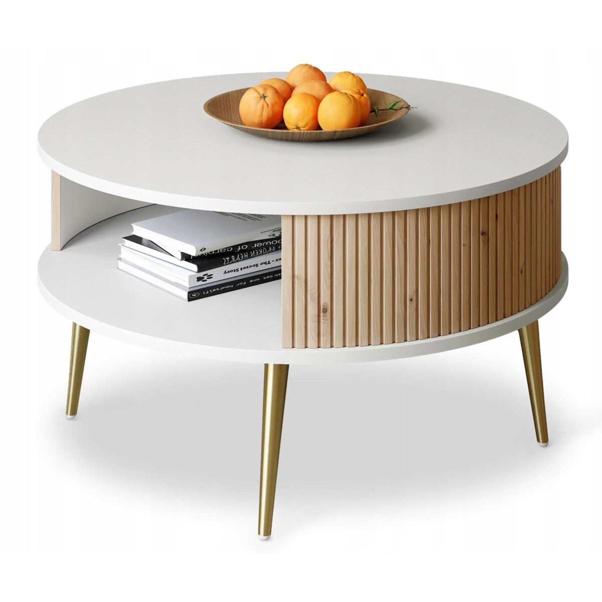 Stolik Kawowy Okrągły DO SALONU Biały Lamele Dąb Artisan VERLO GOLD 76cm