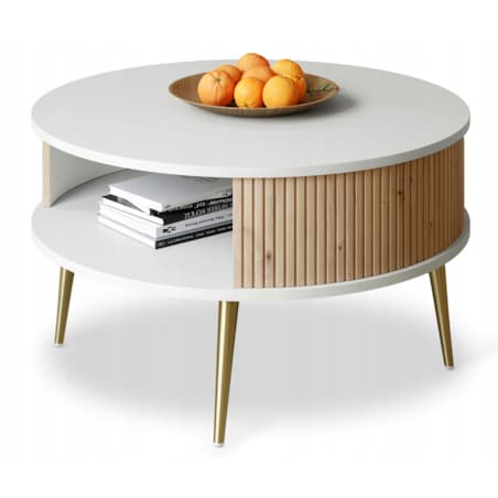 Stolik Kawowy Okrągły DO SALONU Biały Lamele Dąb Artisan VERLO GOLD 76cm