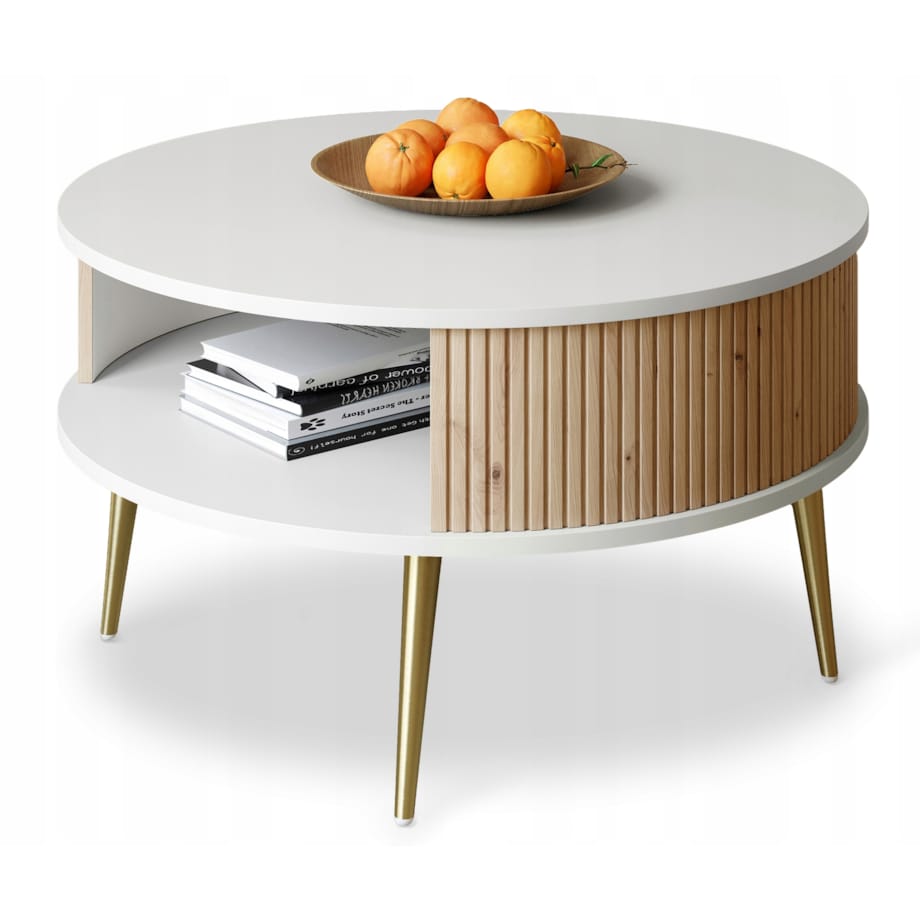 Stolik Kawowy Okrągły DO SALONU Biały Lamele Dąb Artisan VERLO GOLD 76cm