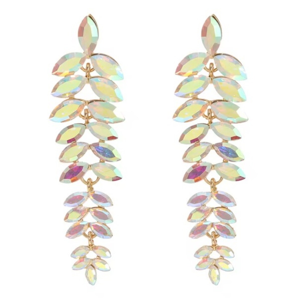 Kolczyki złote opalizujące listki długie z cyrkoniami w złotej oprawie