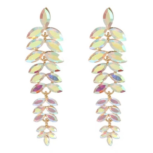 Kolczyki złote opalizujące listki długie z cyrkoniami w złotej oprawie