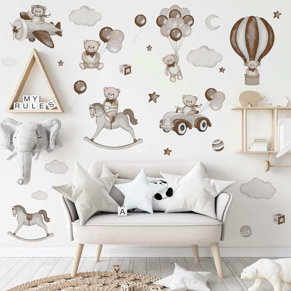 Naklejki Na Ścianę Dla Dzieci Misie Gwiazdy Balonu Koń Na Biegunach Zestaw 120x60cm
