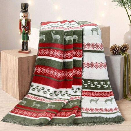 Koc bawełniany Darymex 150x200 Christmas, świąteczny, w renifery, czerwony, zielony i biały