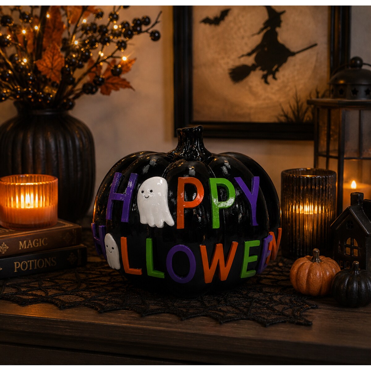 Dekoracja - dynia 21x24x18,5 cm HAPPY HALLOWEEN czarna