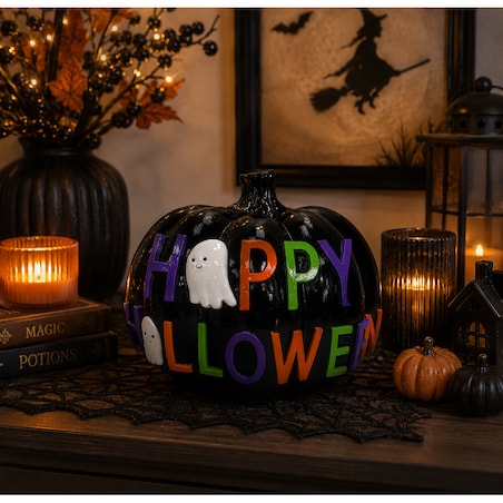 Dekoracja - dynia 21x24x18,5 cm HAPPY HALLOWEEN czarna