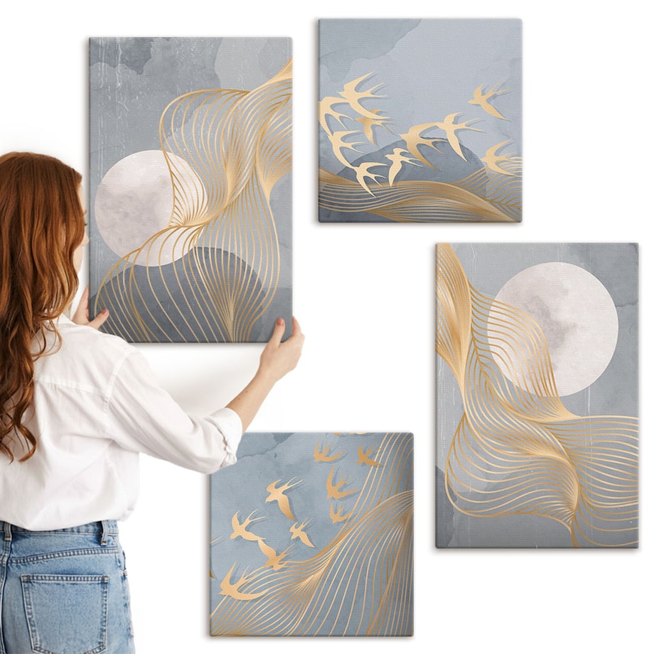 Zestaw 4 obrazów na płótnie - Abstrakcyjne fale okręgi szarość - szary