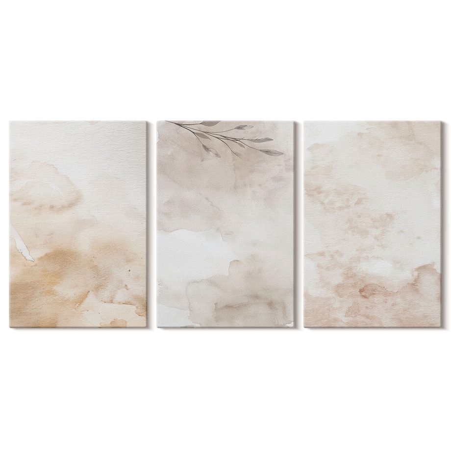 Zestaw 3 dużych obrazów na płótnie - Akwarelowe liście pastelowe - beżowy
