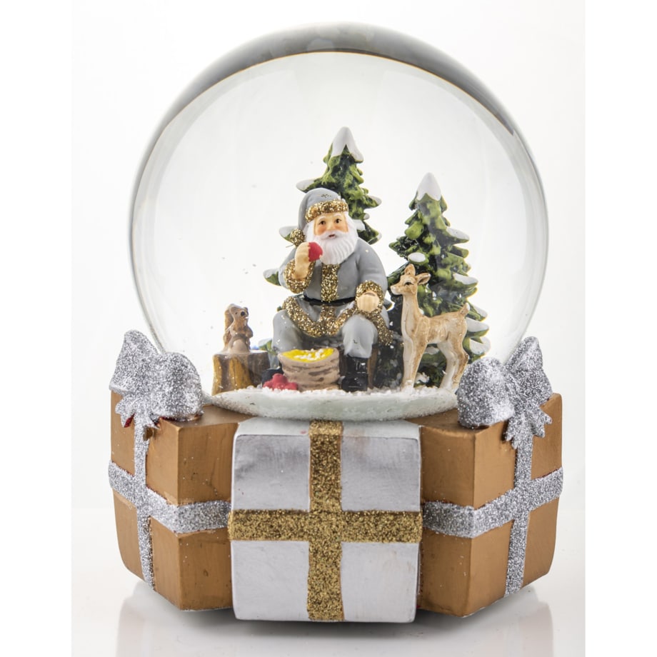 Szklana kula śnieżna z pozytywką 16x11x11 cm Mikołaj wśród zwierząt