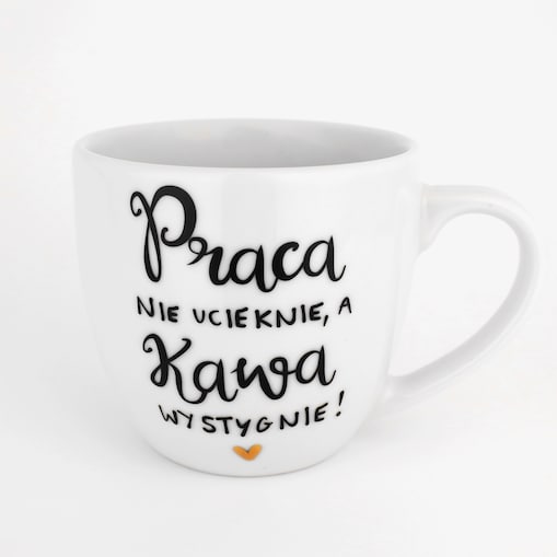 Biały Kubek Porcelanowy 300 ml - Motyw Złotego Serca i Napis Praca Nie Ucieknie Kawa Wystygnie dla Pracoholika na Dzień Pracy