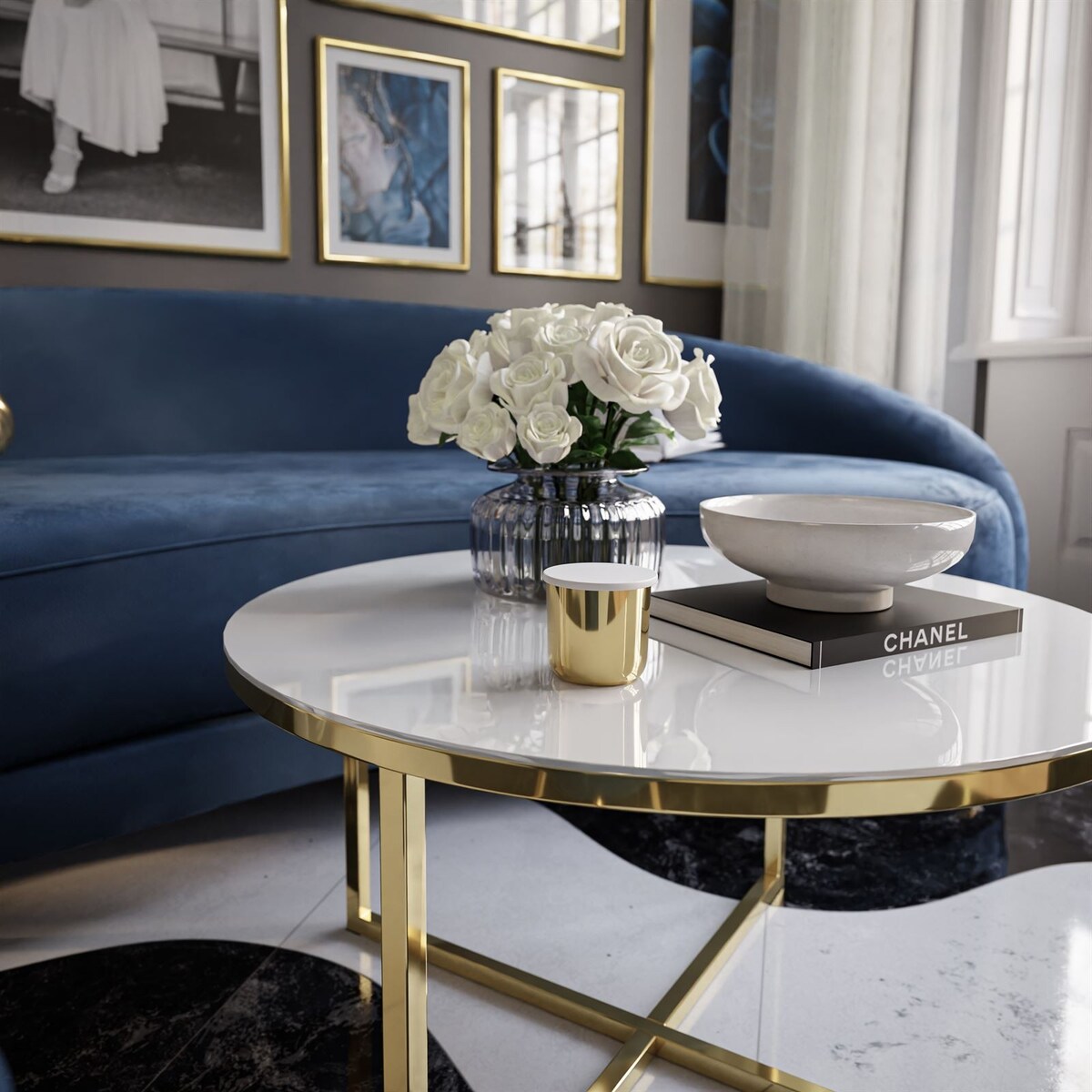 Okrągły stolik kawowy CIRI-X złoty chrom białe szkło