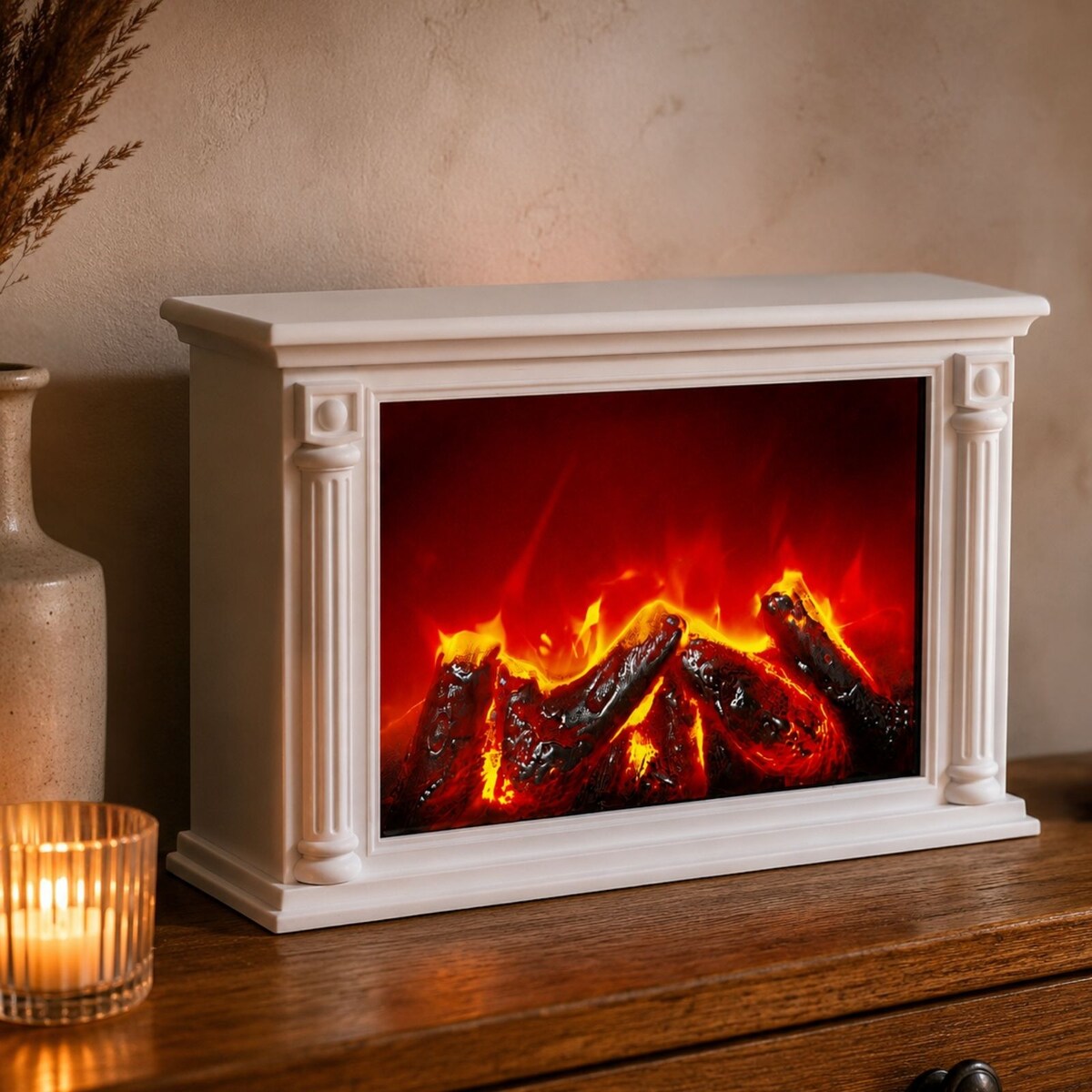 Kominek dekoracyjny LED w stylu klasycznym, 10 x 33 x 21 cm, kolor biały, tworzywo sztuczne