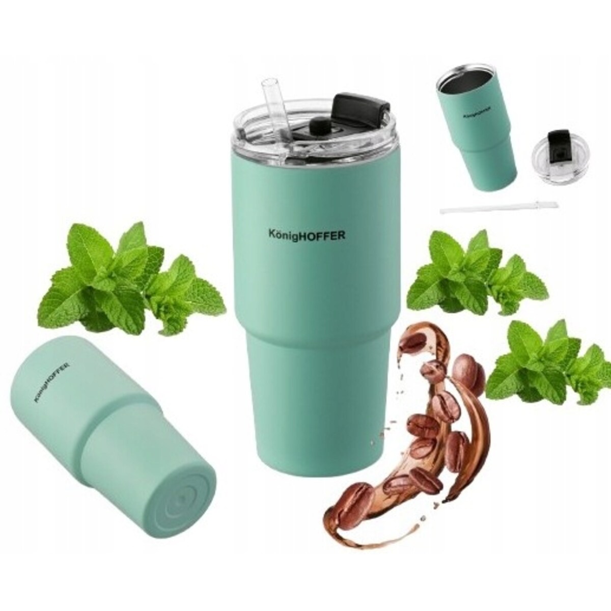 Kubek termiczny ze słomką 420ml MIĘTOWY na ciepłe zimne napoje kawę koktajl