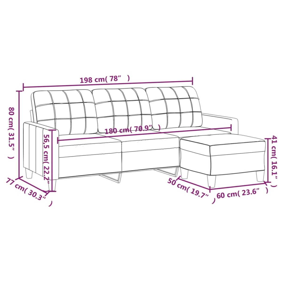 vidaXL 3-osobowa sofa z podnóżkiem, czarna, 180 cm, sztuczna skóra