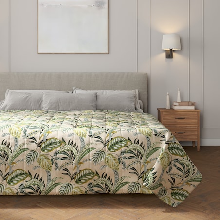 Narzuta pikowana w pasy 200x210 oliwkowo-zielone liście na lnianym tle