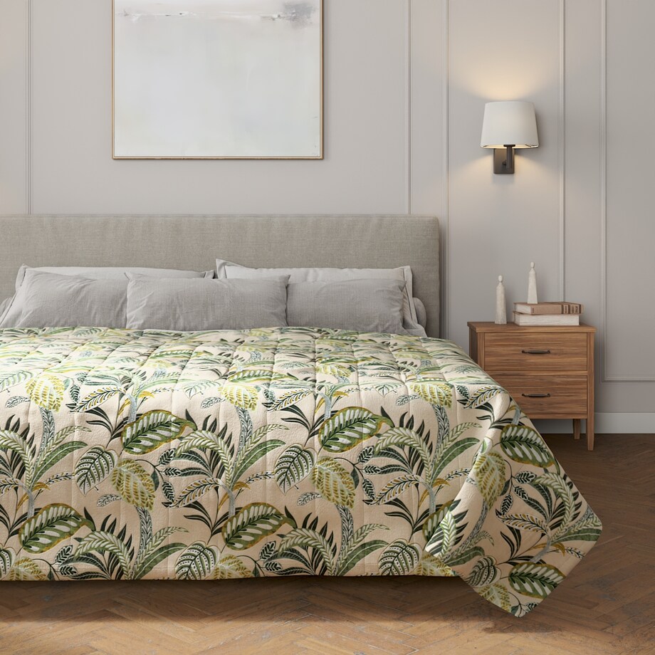 Narzuta pikowana w pasy 200x210 oliwkowo-zielone liście na lnianym tle