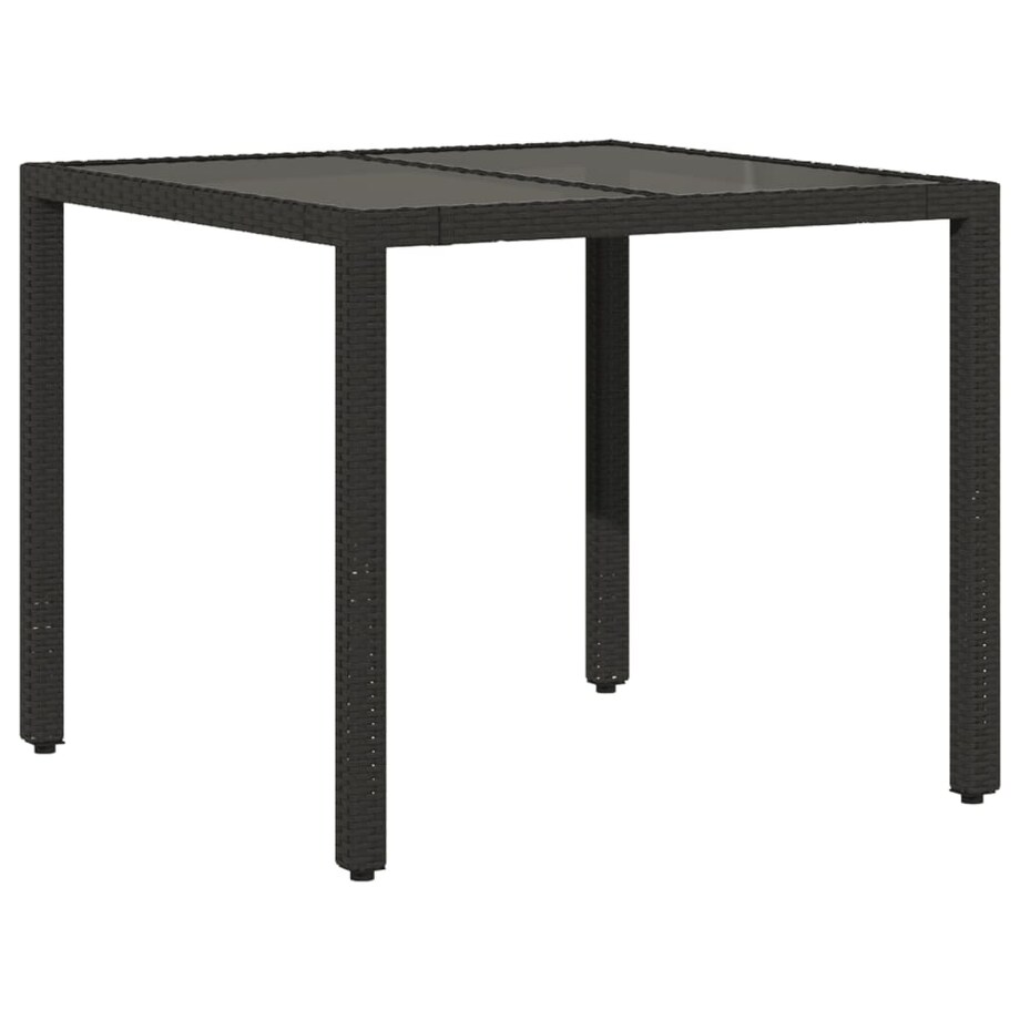 vidaXL Stół ogrodowy, szklany blat, czarny, 90x90x75 cm, rattan PE