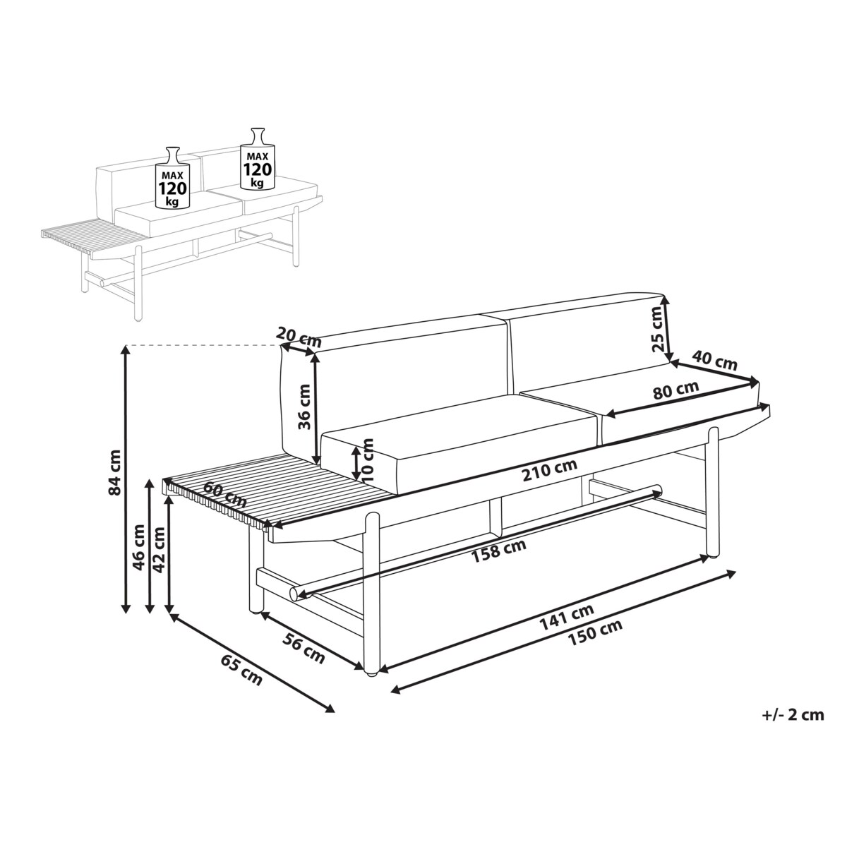 Ławka ogrodowa z poduchą GIAVENO 210 cm Drewno akacjowe Złamana biel
