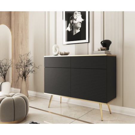 Komoda krótka 107 POLO ryflowana, na wysokich złotych nóżkach, czarna
