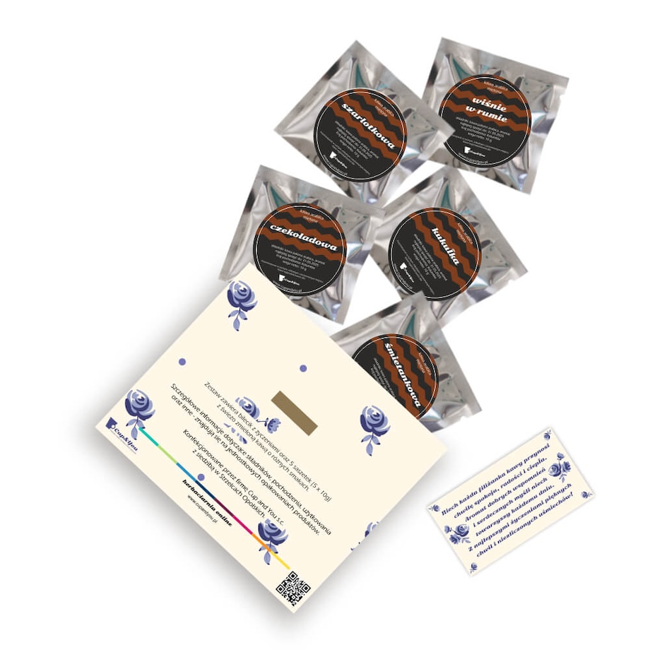 Gotowy zestaw prezentowy Życzenia dla Babci kawa aromatyzowana mielona PREMIUM 5 saszetek MIX różne smaki prezent upominek na Dzień Babci