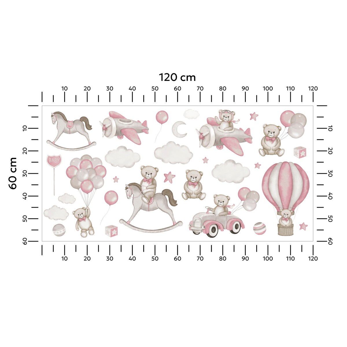 Naklejki Na Ścianę Misie Różowe Balony Koń Na Biegunach Chmury Zestaw 120x60cm