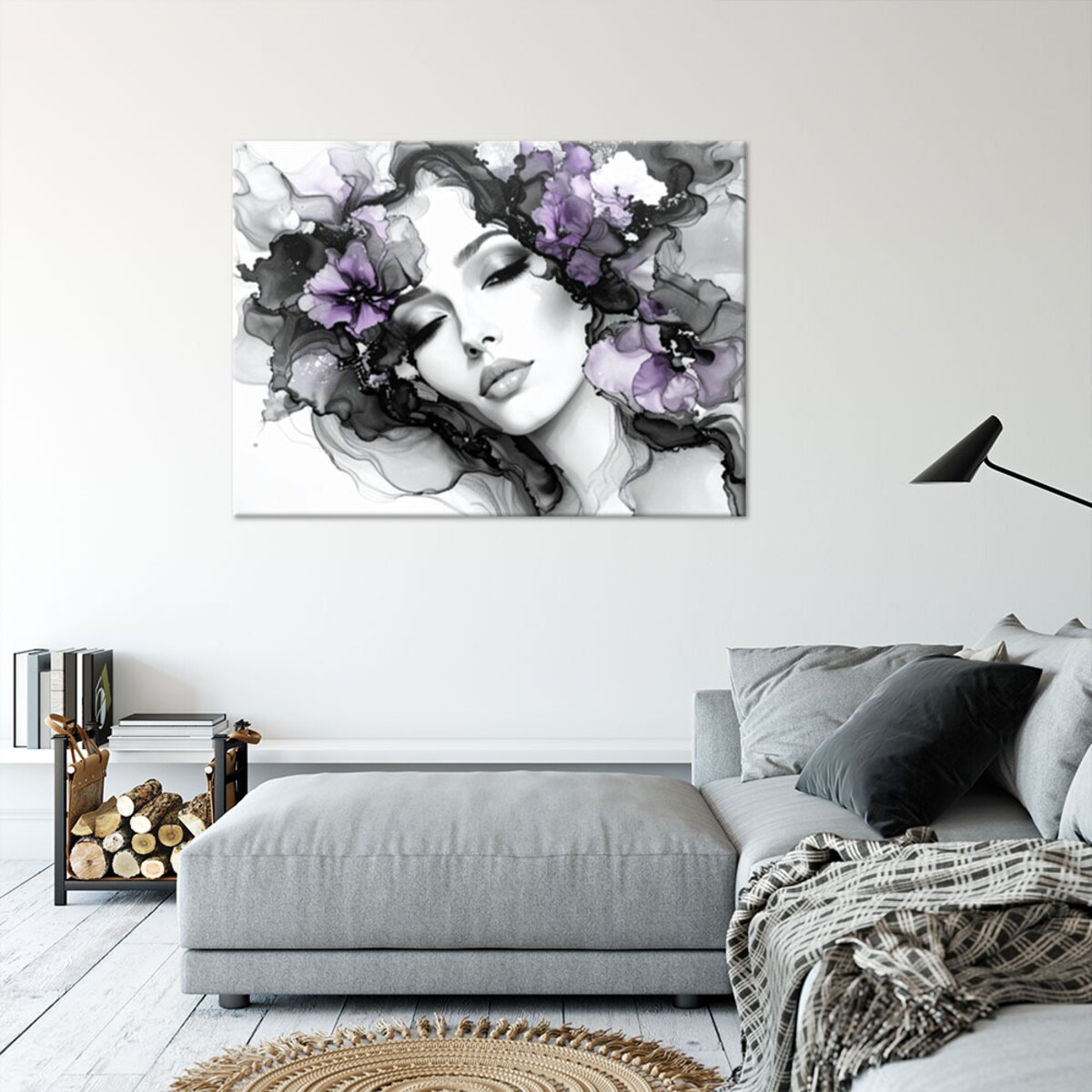 Obraz czarno biały do salonu sypialni, Kobieta i fioletowe kwiaty na głowie 120x80