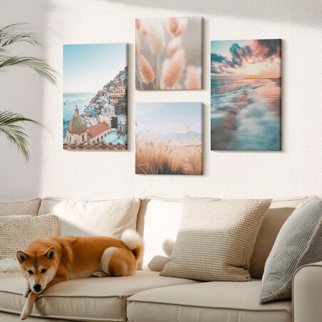 Zestaw 4 obrazów na płótnie - Morze zachód słońca domy kwiaty - turkusowy