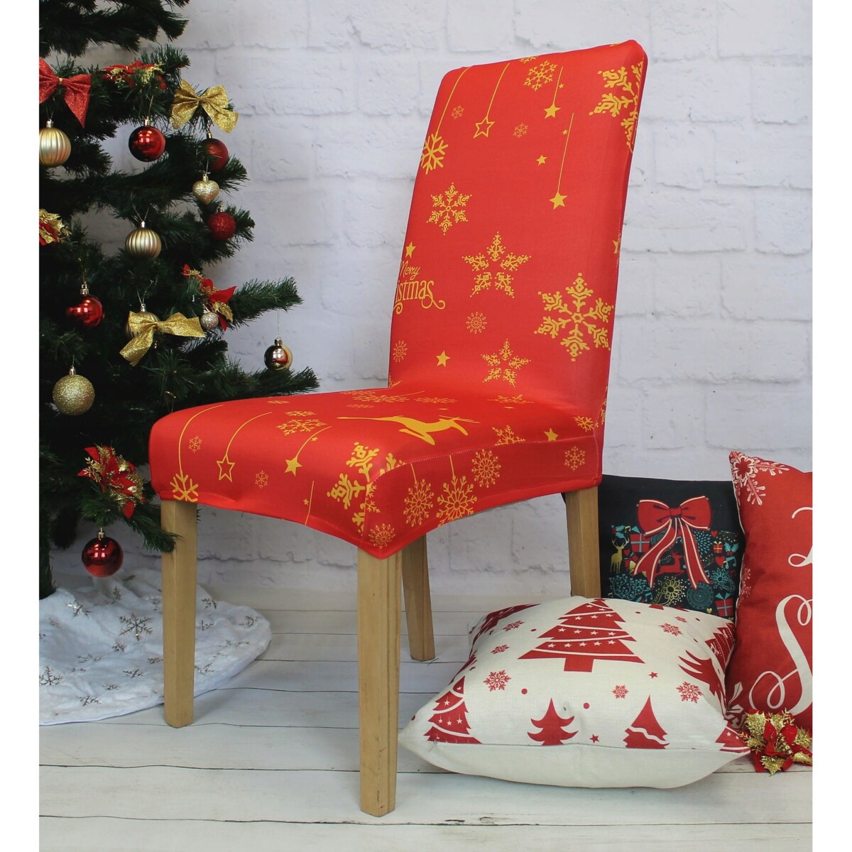 POKROWIEC NA KRZESŁO CZERWONY ŚWIĄTECZNE WZORY ELASTYCZNY [21BO]