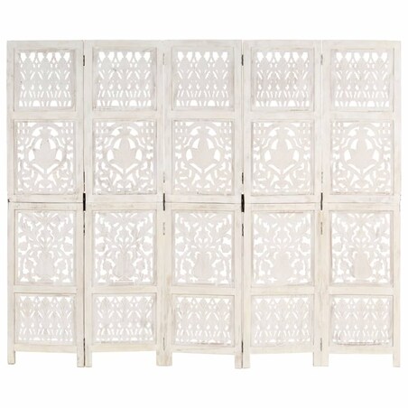 vidaXL Parawan 5-panelowy, rzeźbiony, biały, 200x165 cm, drewno mango