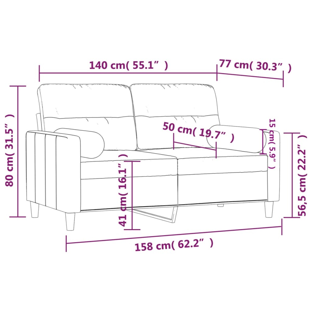 vidaXL 2-osobowa sofa z poduszkami, kremowa, 140 cm, tkanina