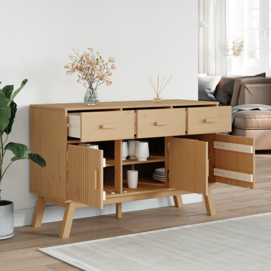 vidaXL Komoda OLDEN, brązowa, 114x43x73,5 cm, lite drewno sosnowe