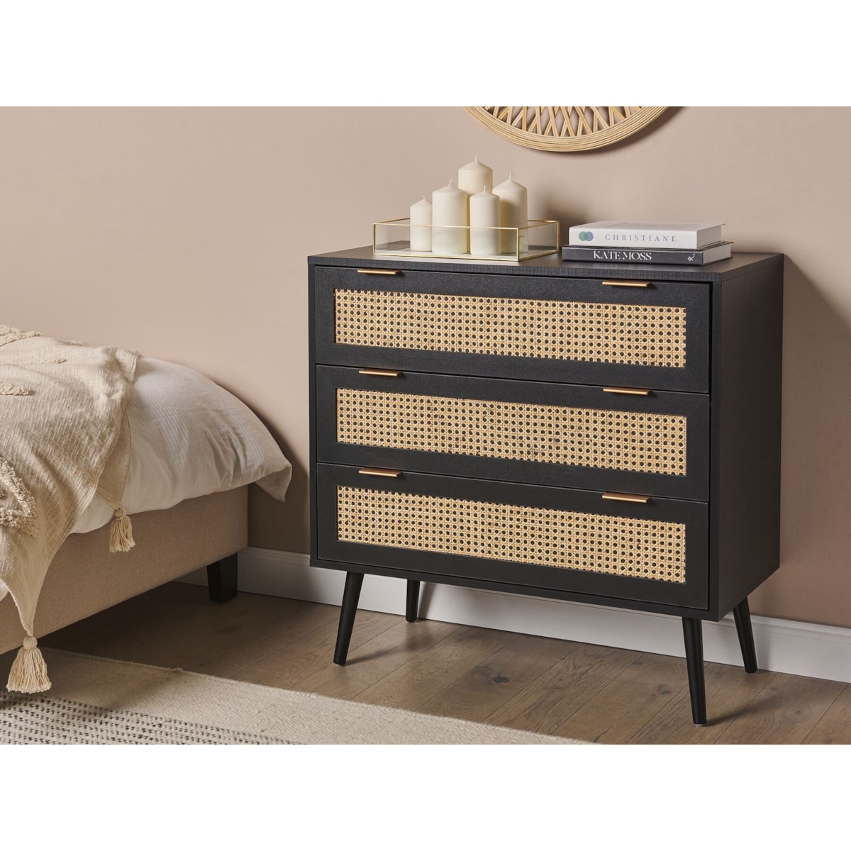 Komoda 3 szuflady fronty rattanowe czarna OPOCO