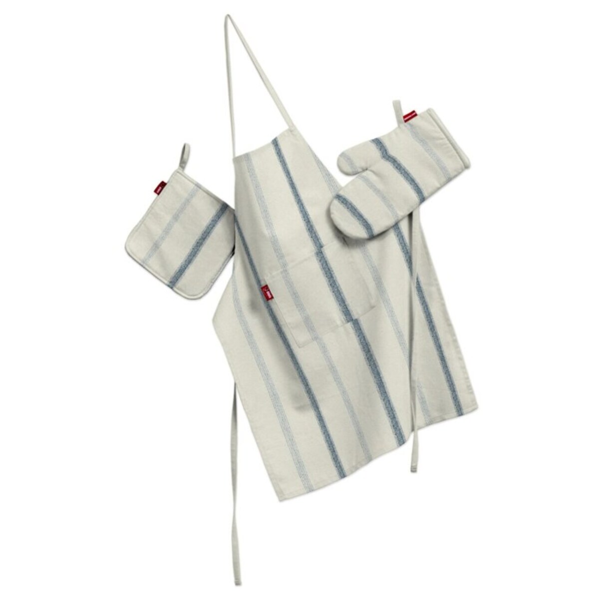 Komplet kuchenny fartuch,rękawica i łapacz, niebieskie paski na tle ecru, kpl, Avinon