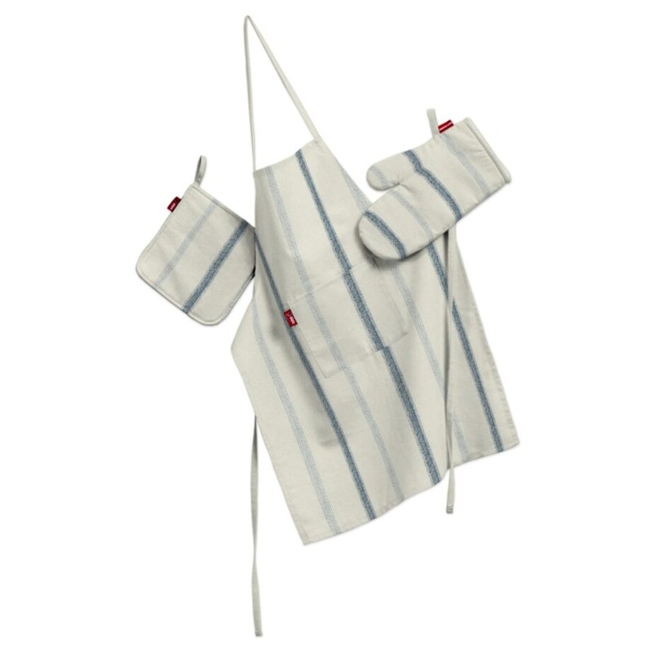 Komplet kuchenny fartuch,rękawica i łapacz, niebieskie paski na tle ecru, kpl, Avinon