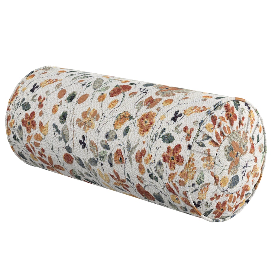 Poduszka wałek z zakładkami, pomarańczowo-zielone kwiaty na kremowym tle, Ø20 x 50 cm, Cosy Home