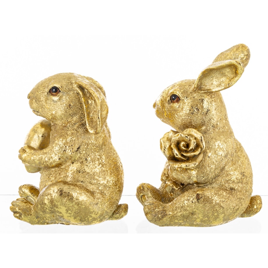 Dekoracja - Para siedzących złotych królików12x7,5x9 i 11x8x8 cm z różą i sercem