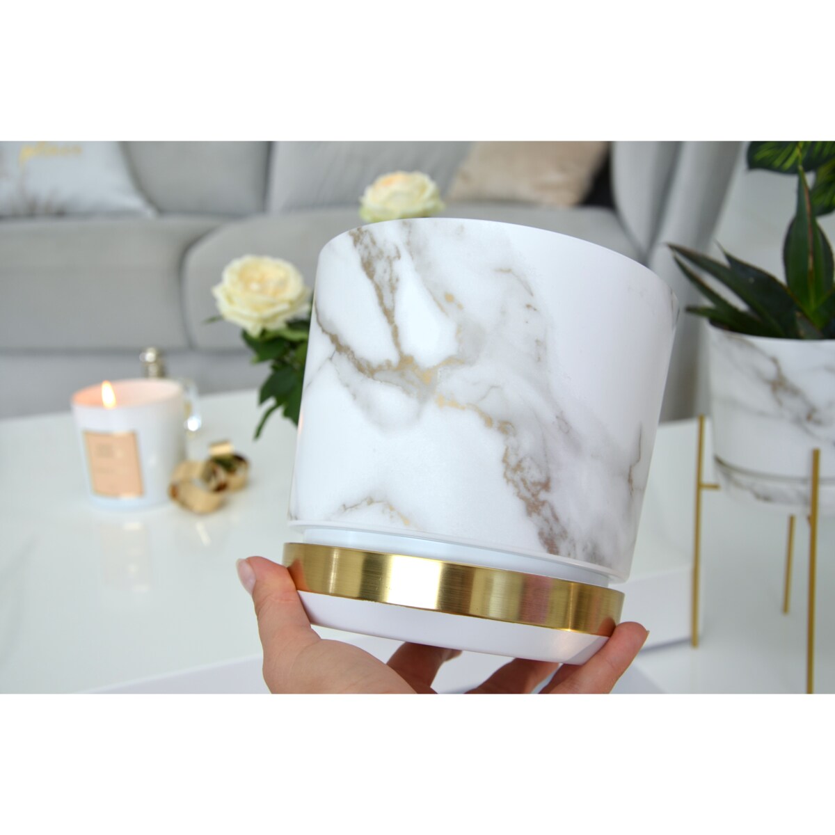 16 Doniczka DUO MARMUR WENECKI z podstawką MOSIĄDZ dwukolorowa biała + szare złote el. imitacja kamienia wykoń. satynowe matowe elegancka klasyczna