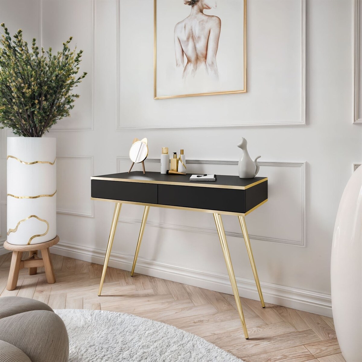 Konsola OXFORD z szufladami na złotym stelażu, czarny mat