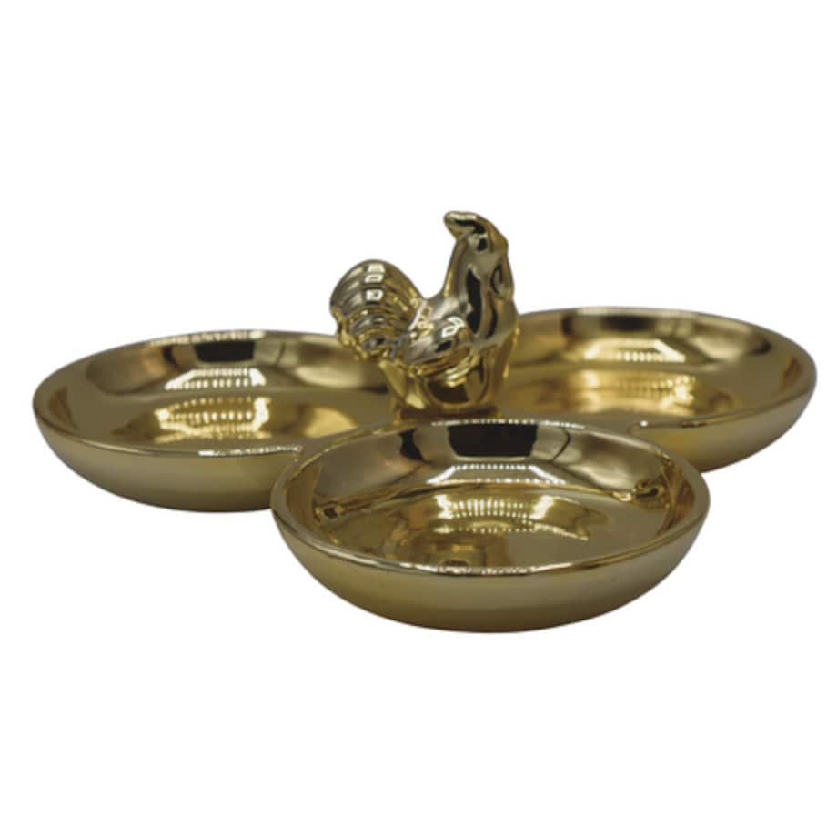 Talerz potrójny z kurką 20x20x8 cm złoty ceramiczny